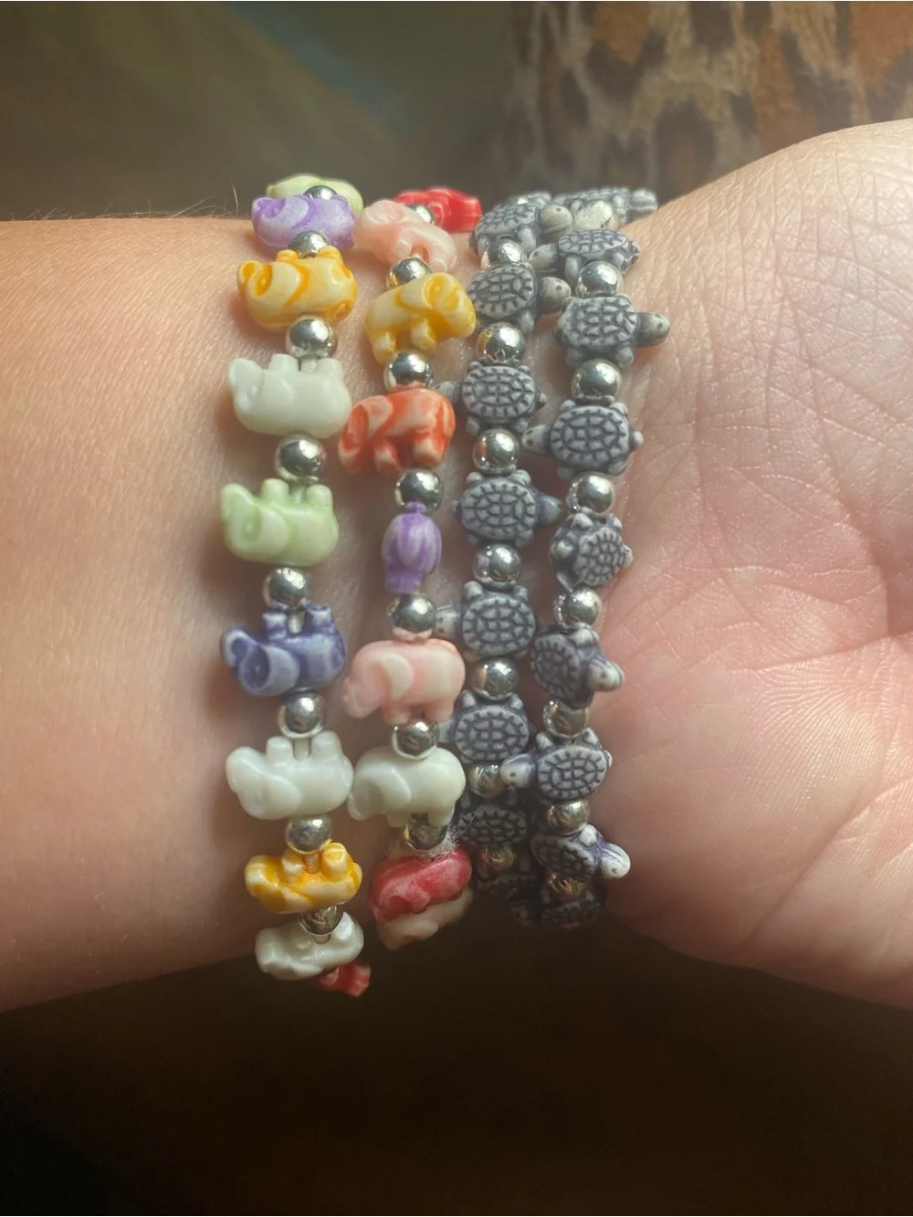 Pack of 4 Multicolor Elephant & Gray Turtle Bead Stretch Bracelets kids or adult